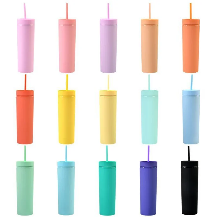 

16oz Double Wall Plastic BPA Free Straight Cup Water Bottle Soft Matte Paint with Colorful logo and Plastic Straw, Customized color