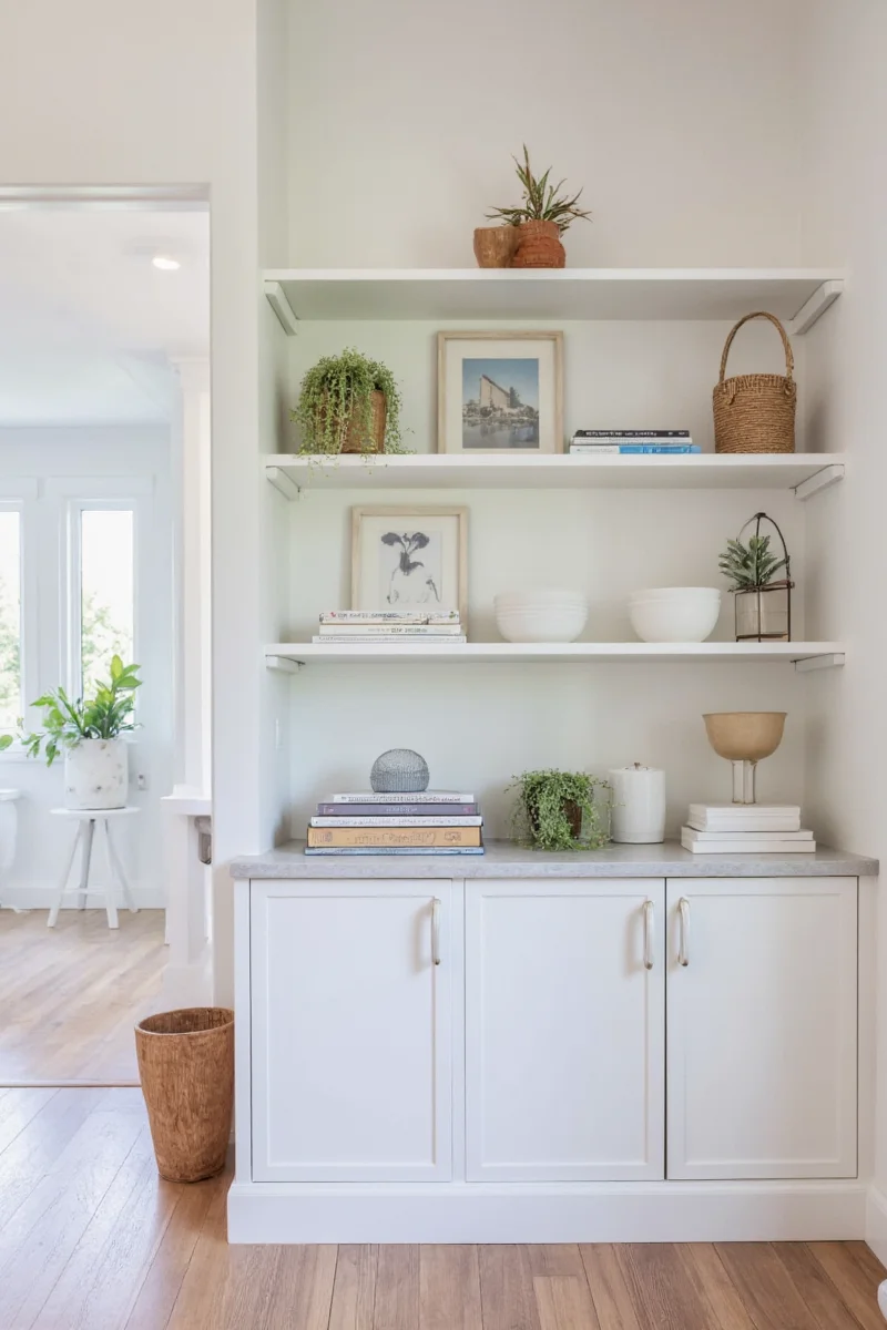 Modern built-in cabinets in a family-friendly living room