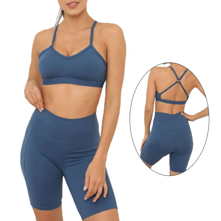 

Wholesale Two Piece Pants Set Woman Yoga Shorts Two Piece Sports Bra Shorts, Solid color