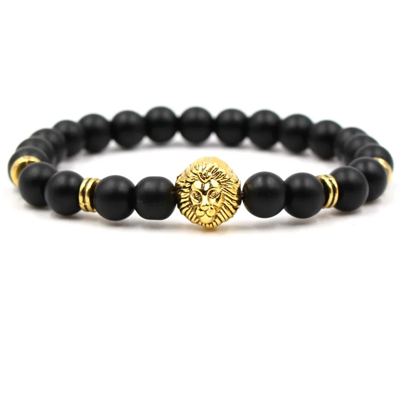 

24k Gold Plated Lion 's Head Bead Bracelet For Men 316l Stainless Steel Black Charka Lava Marble Bracelets Hiphop DIY Jewelry