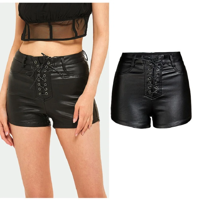 

2021 new arrivals High waist elastic tether imitation leather women shorts sexy black PU leather shorts