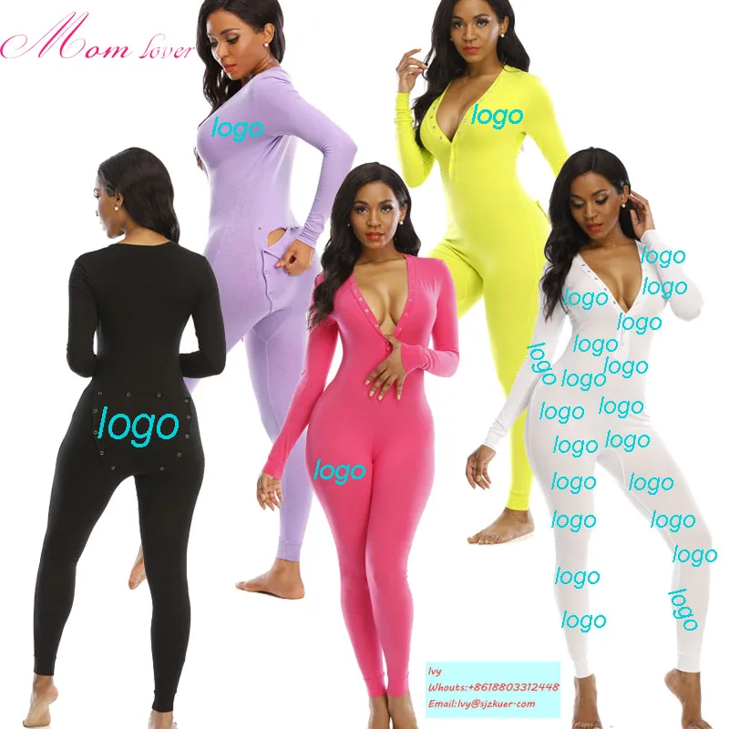 

Wholesale long pant jumpsuit christmas pajamas women adult cotton sleepwear onesie for women with butt flap