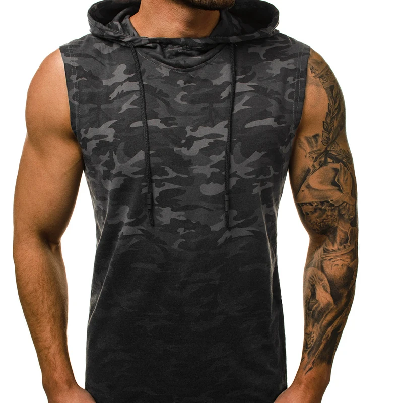 

fashion Men's vest camouflage 3D digital gradient print hooded sleeveless tank top, Red/black