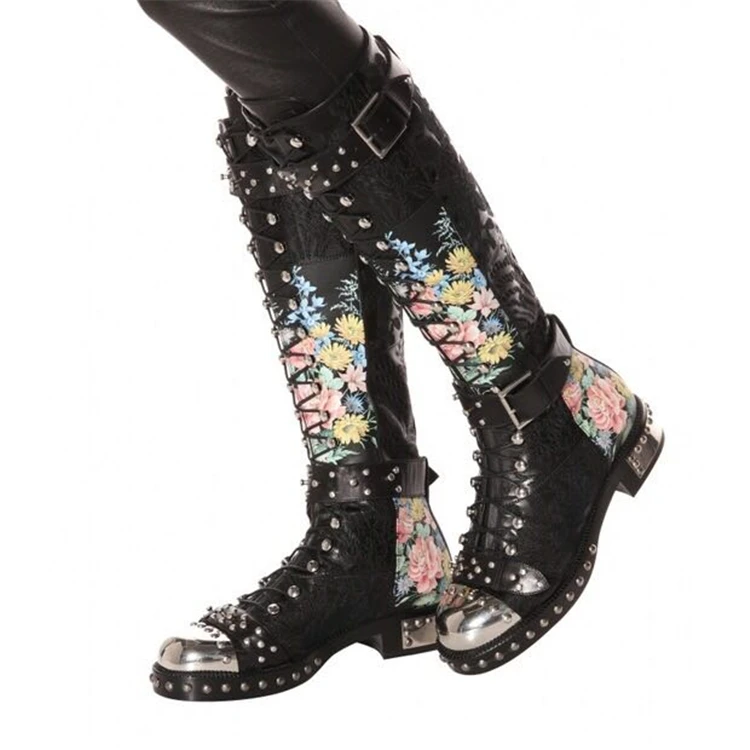 

Womens Boots Lace Up Knee High Genuine Cow Leather Low Heel Studded Buckles Combat Ladies Winter Leather Boots Women Shoes, Black, black floral print