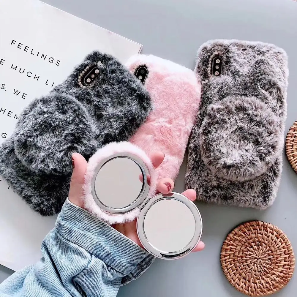 

Cute Fluffy Fur Mirror Phone Case For iPhone 11 Pro Max Girls Shockproof Bumper Kickstand Cover