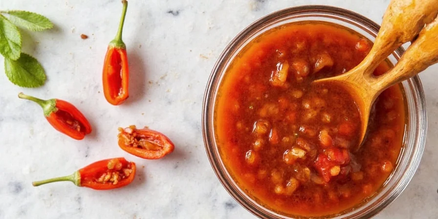 Jars of sweet pepper relish arranged beautifully on a wooden table