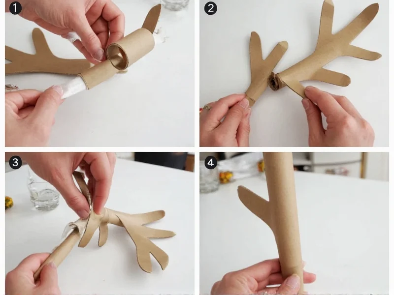 Step-by-step photos showing deer antler construction from cardboard tubes