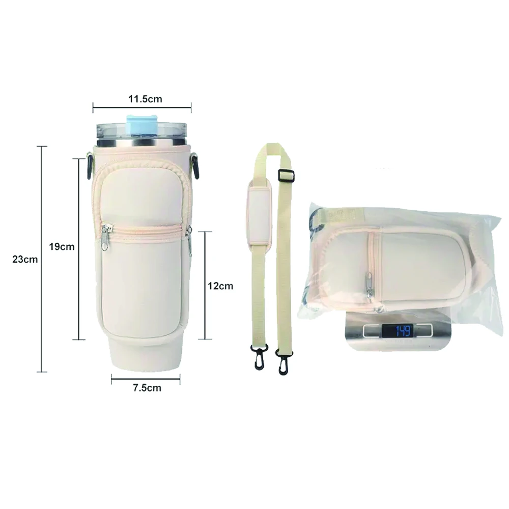 

Adjustable Strap Neoprene 40oz Water Bottle Carrier Sleeve Pouch Tumbler with Zipper Phone Pocket