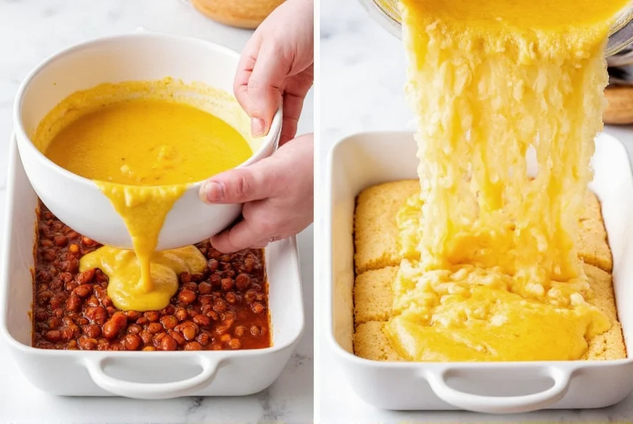 Step-by-step preparation of cornbread chili casserole showing chili base in baking dish with cornbread batter being poured on top