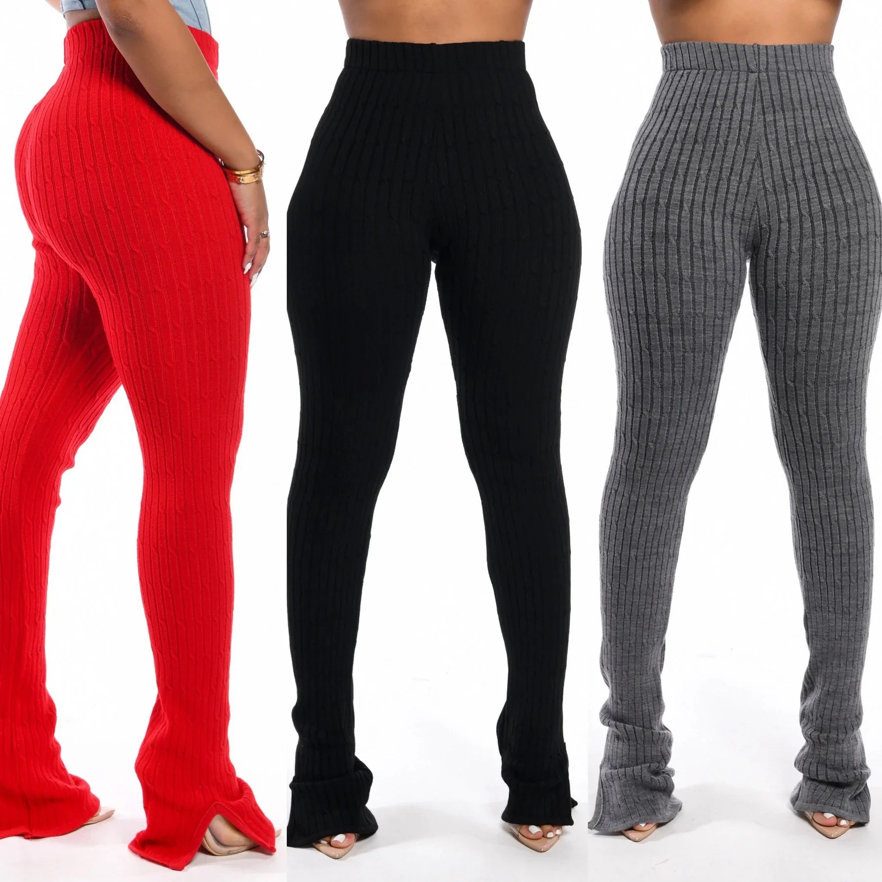 

Amazon Top Sell Winter Women Long High Waist Pants Cotton Elastic Ribbed Stack Pants, Red, gray, black