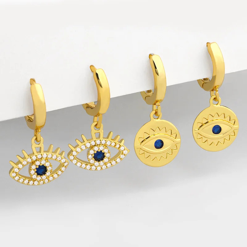 

18K Gold Plated Copper Earring CZ Micro Paved Blue Gemstone Cubic Zircon Evil Eye Earrings, Gold/silver