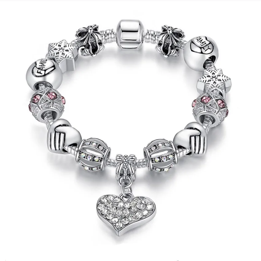 

2020 Women Luxury Bracelet Silver Plating Heart Charm Bracelet DIY Crystal Beads Bracelets Bangles For Party