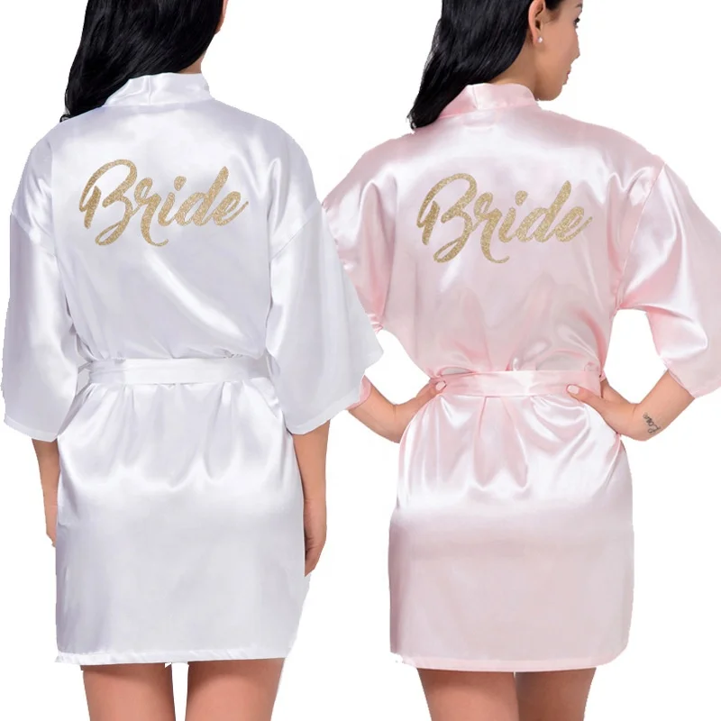 

M-274 Personalized Silk Bridesmaid nightwear Women Satin Kimono Bride Robes with gold Glitter logo, Stock with 20 color