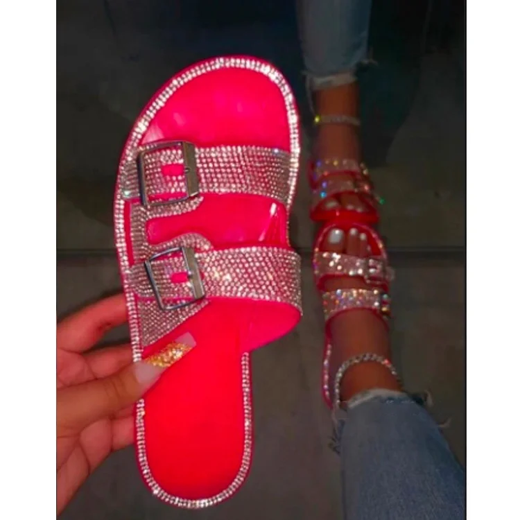 

Summer Beach Ladies Rhinestone Blings Glitters Jelly Flat Slides Slippers For Women