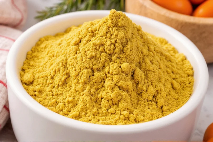 Various mustard substitutes arranged in small bowls showing yellow mustard, Dijon mustard, horseradish, wasabi paste, and turmeric with vinegar