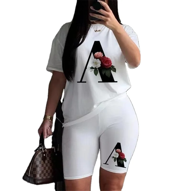 

2021 new round neck suit women causal set white short sleeve and shorts two piece set bottoming shirt