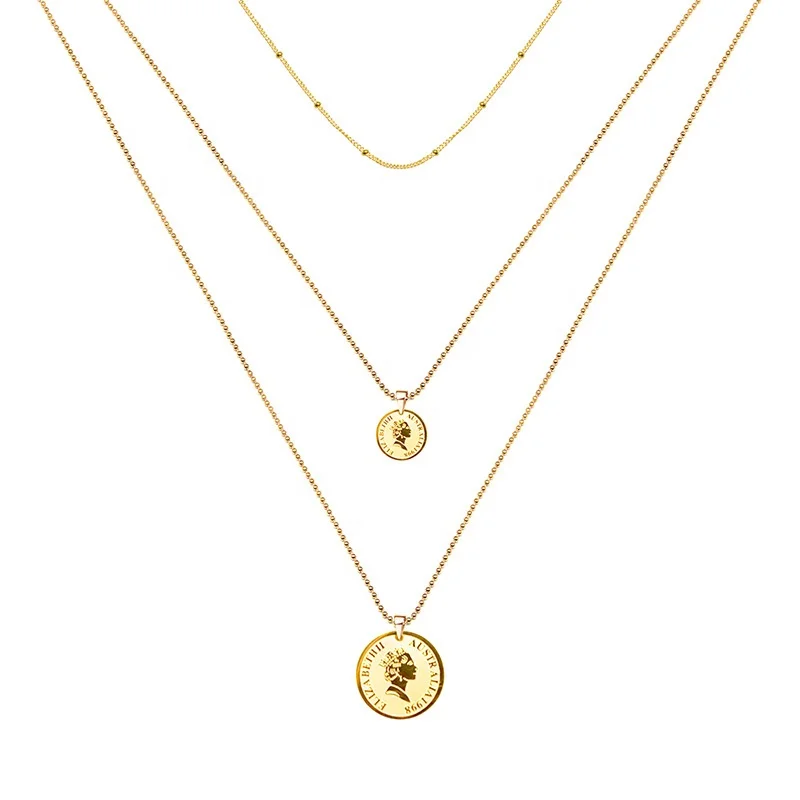 

HYH three layered circle pendant stainless steel gold chain necklace