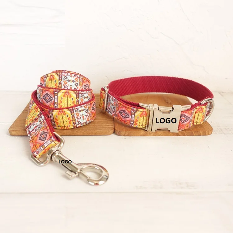 

Customized Print Pet Dog Collars Leashes Bowknot Set Pattern Printing Adjustable Buckle Metal Dog Collar, As picture