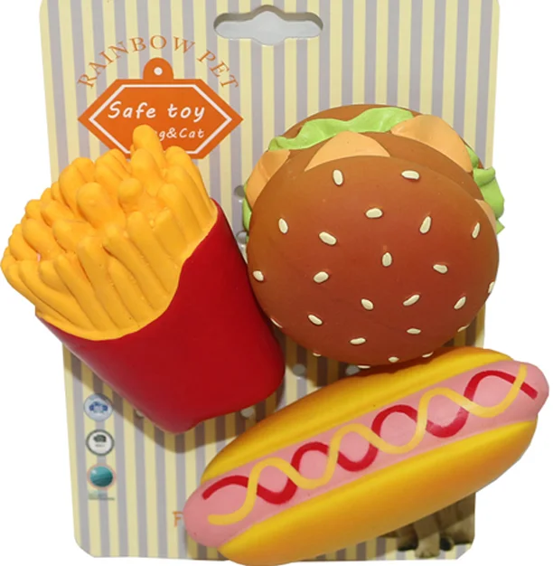 

2021 Hot sale Amazon Cute Hamburger Hotdog Fries Food Series Chew Toys Interactive Latex Squeaky Dog Toy, Multicolor
