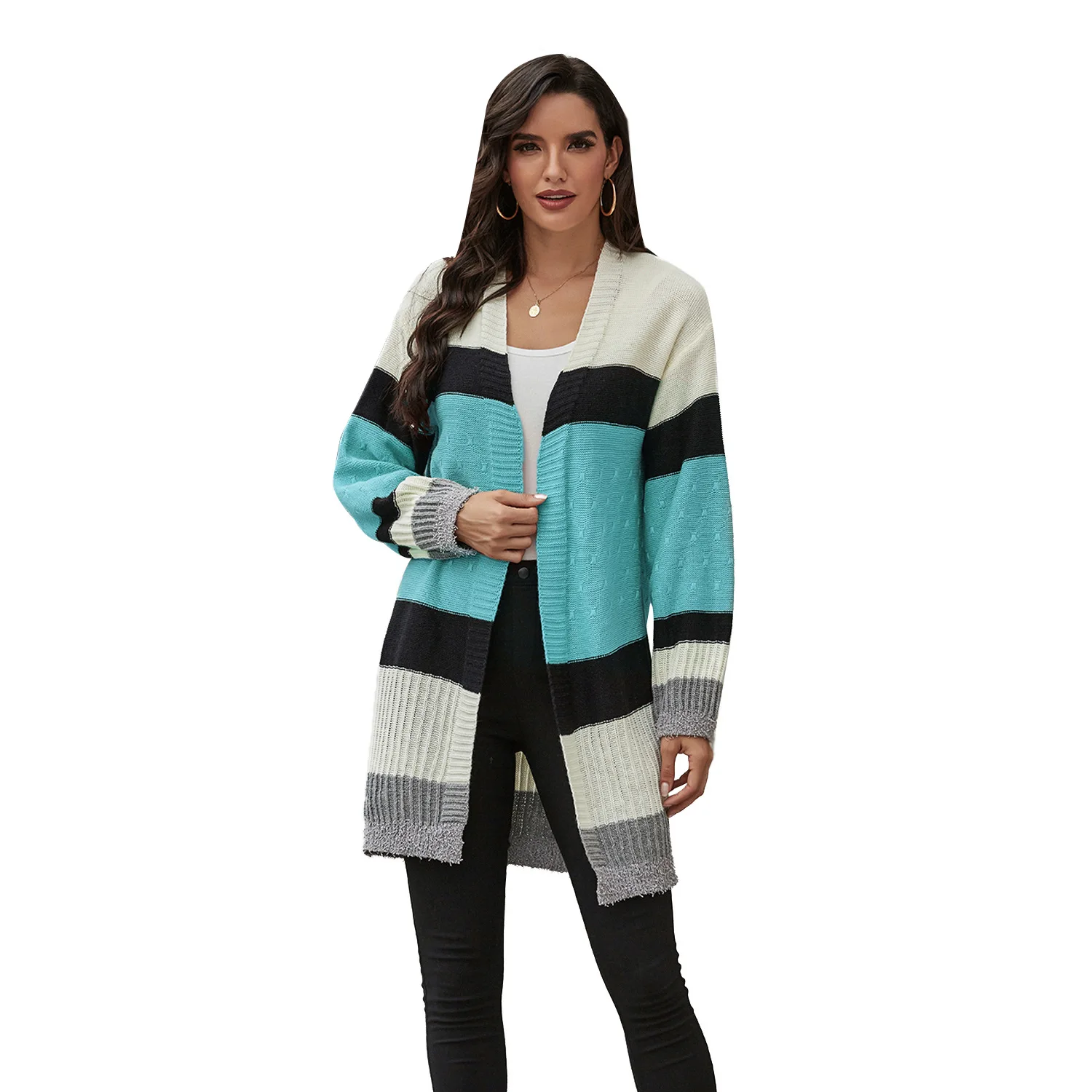 

2020 New Style European And American Fall/Winter Korean Loose Unbuttoned color Matching Striped Cardigan Sweater, Shown