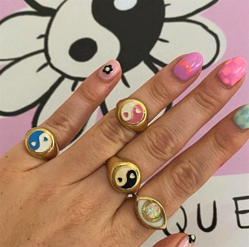

2021 Summer Jewelry Trendy Stainless Steel Signet Rings Yin Yang Ring Pink Colourful Chunky Rings, Gold/silver/rose gold