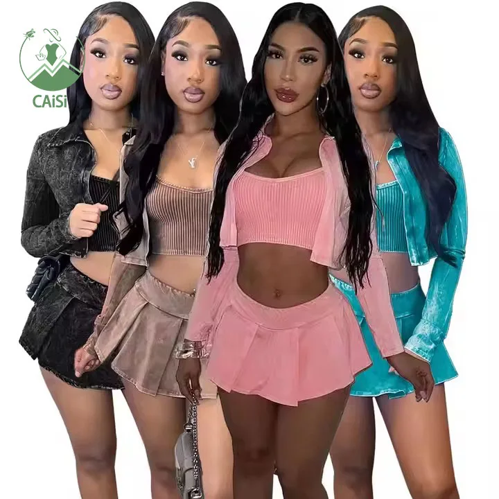 Women Acid Washed 3 Piece Set Solid Camisole +Coat +Mini Pleated Skirts Casual Streetwear Outfits Distressed Matching Set