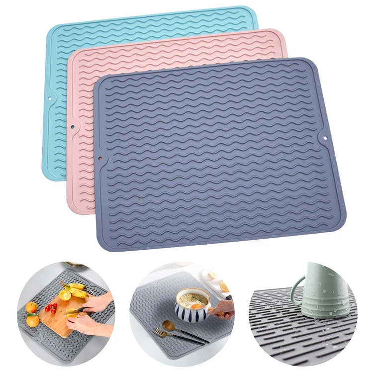 

Large No Slip Kitchen Dishwasher Safe Draining Pad Heat Resistant Drainer Mat Silicone Dish Drying Mat, Gray, green, pink