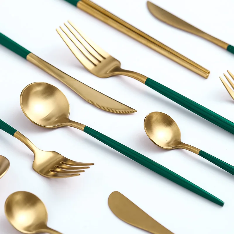 

Minimalistic Emerald Stainless Steel 304 Flatware Set Gold Green Tableware Cutlery Set Stainless Steel, Gold with green handle