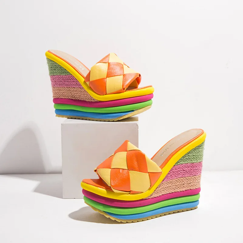 

2022 Colorblock Straw Wedge Sandals Summer Super High Heel Platform Fish Mouth Sandals Color Woven Sandals