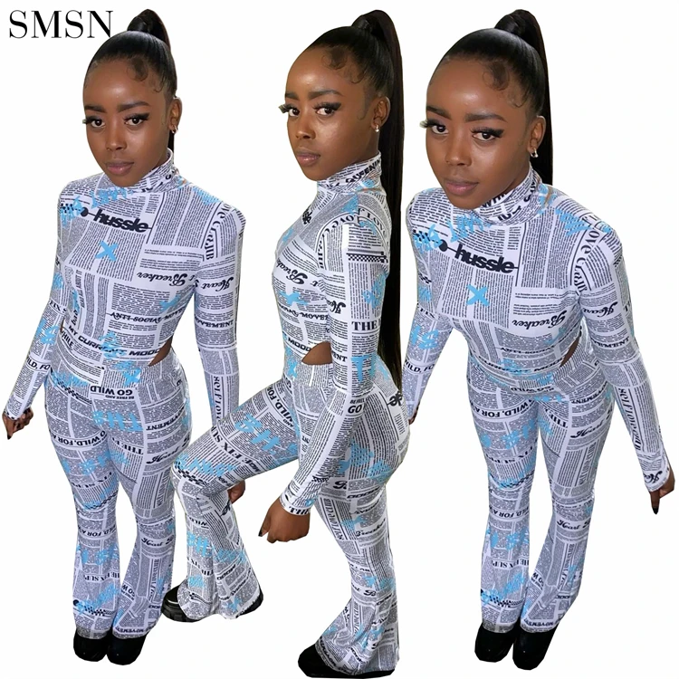 

High Quality Letter Printed Bodycon Flare Pants 2 Piece Set Women Jumpsuit Set Women Tracksuit