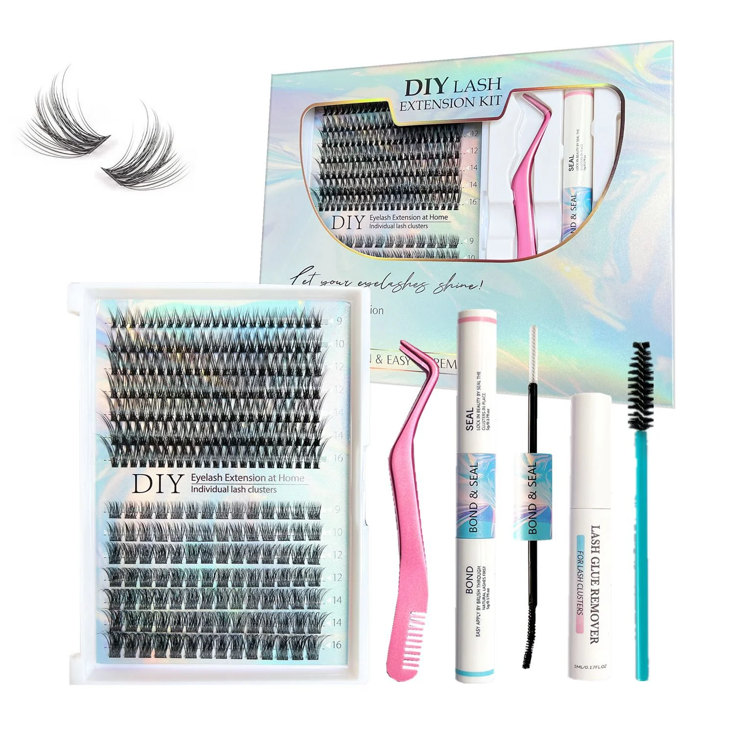 Wholesale Fluffy 30d 40d segment mink extensions sets d curl individual ribbon winged diy lash eyelash extension cluster kit