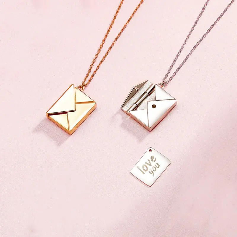 

Fashion 925 Sterling Silver Engraved Love Letter Locket Pendant Necklaces For Women Two Part Envelope Nameplate Necklace
