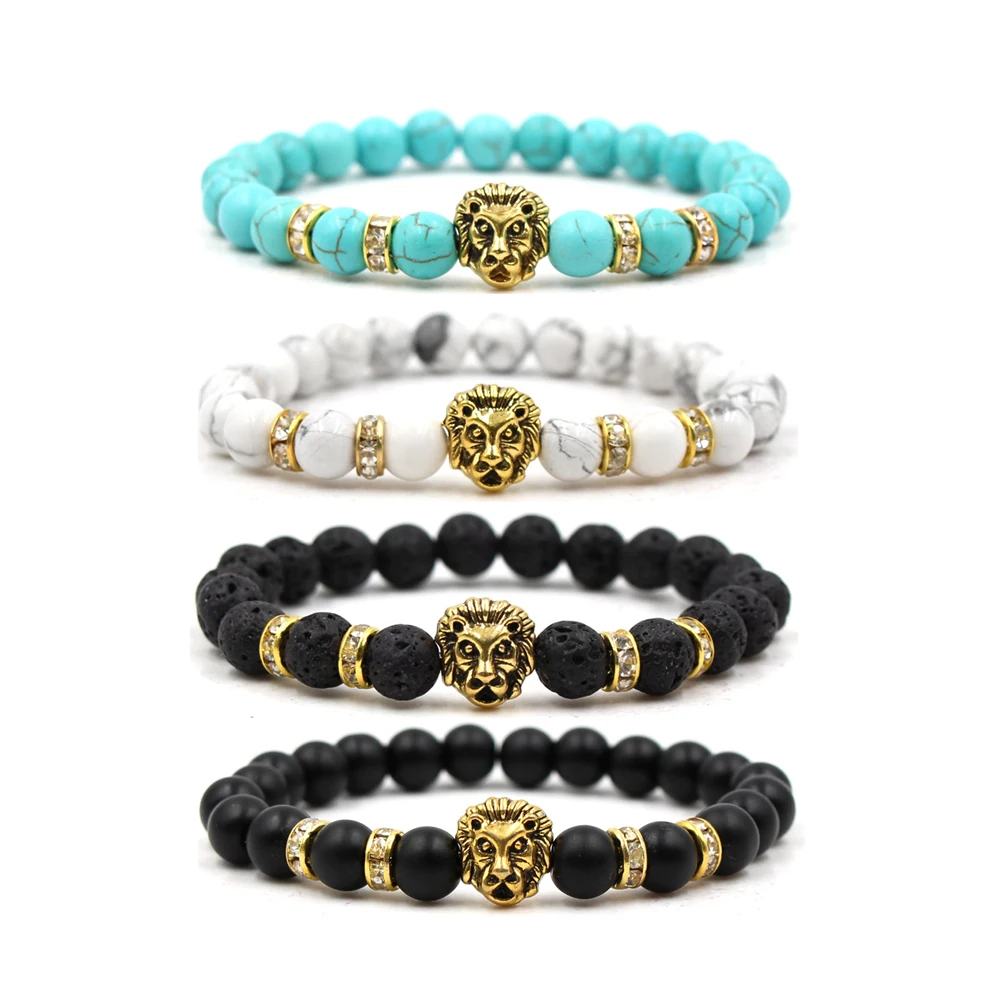 Charm Hip Hop Unisex Volcanic Bead Rock Lion Head Bangle Crystal Bracelets Silver/Gold Plated Healing Natural Stone Gift