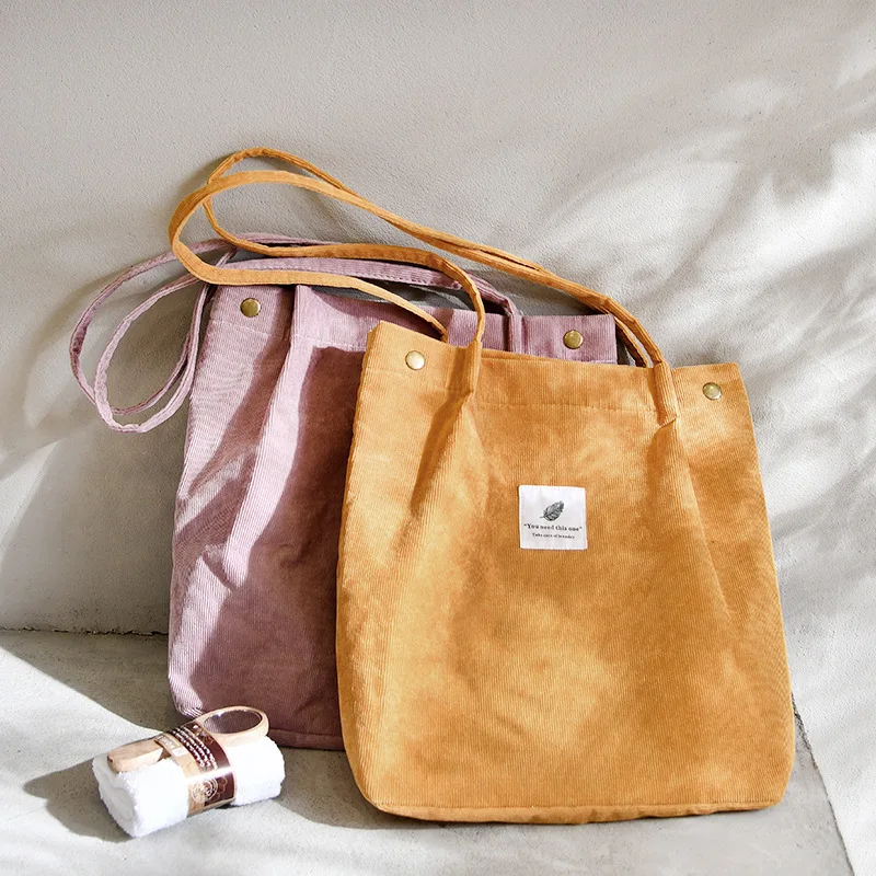 

Reusable Women Corduroy Shopping Storage Handbag Bag Environmental Female Canvas Cloth Shoulder Bag Grocery Totes, White, yellow, coffee, purple, navy, black