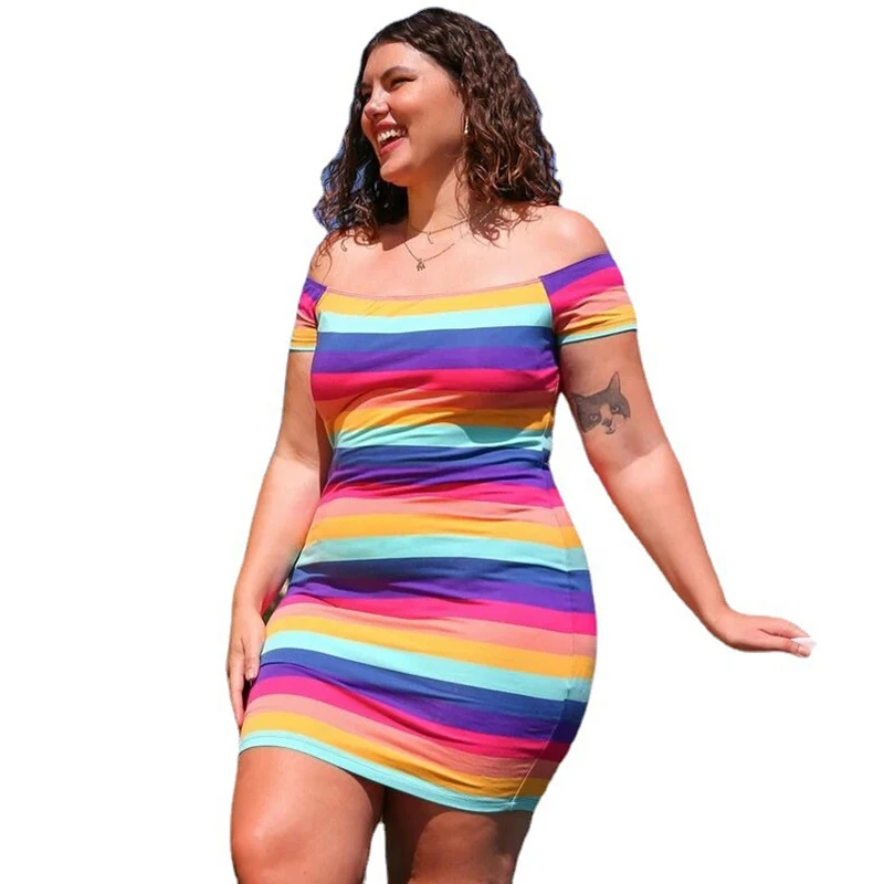 

004 Hot Sales 2021 New Arrive Fashion Casual Fat Girl Clothing 5XL Chromatic Stripe Short Sleeves Girl Plus Size Summer Dresses