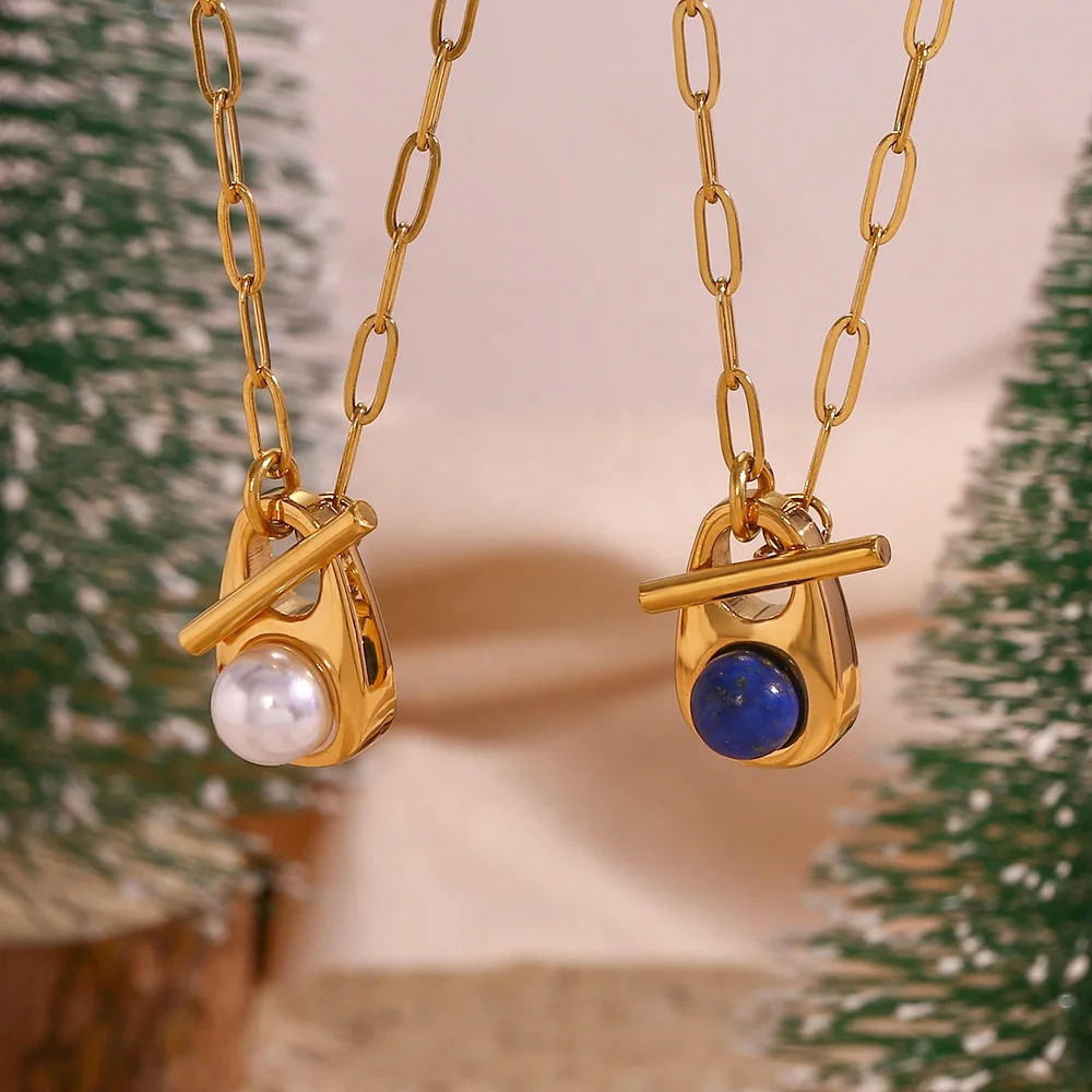 

Valentine Gift Water Drop Natural Stone Necklace 18k Gold Plated Stainless Steel Paper Clip Chain Necklace