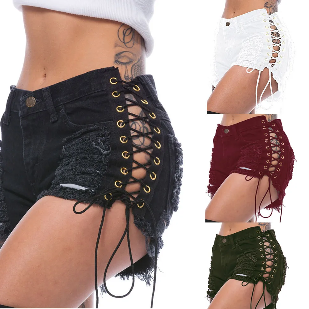 

Springway Sexy Ripped Side Lace Up Hole High Waist Denim Shorts Fashion Women's 4 Colors Plus Size Hot Jeans Shorts, Black,white,red,green