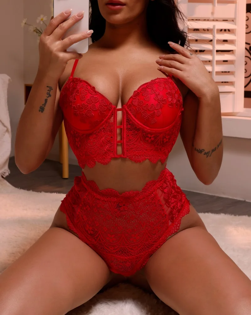 

Red Bra & Brief Set Chest Pads Push up Bra Erotic Lingerie Women Sexy Lace Underwear Red Lingerie, Black;red