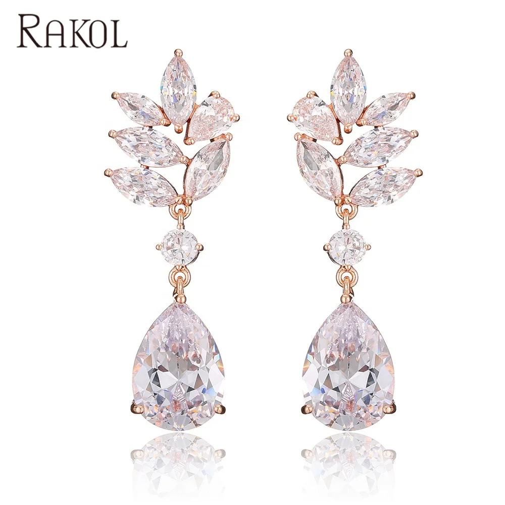 

RAKOL EP5033 Wholesale leaf shaped Waterdrop earrings 2021 best cubic zirconia charm earrings party jewellery, Picture shows