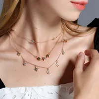 

wholesale custom three pcs set diamond crystal moon star necklace mutl layered clavicle chic delicate necklace women female