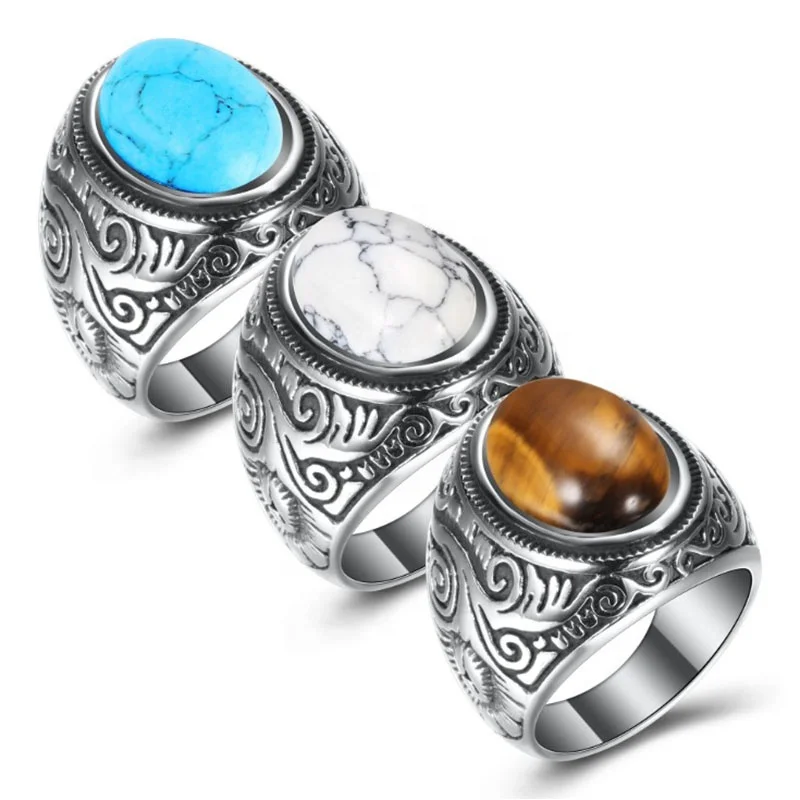 

Hot Selling European America Titanium Vintage Fashion Unisex 316L Stainless Steel Turquoise Stone Rings, Blue,white,wood