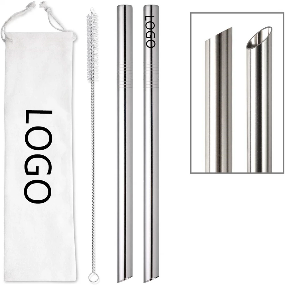 

304 Reusable Stainless Steel Straw Wide 215*12mm Oblique Incisions Straw Drinking Metal Straw For Bubble Tea