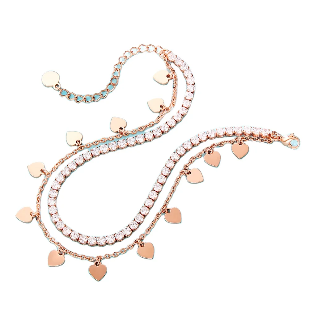 

Latest 2021 Summer Beach Jewelry Cute Charms Ankle Bracelets Womens Thick Solid Yellow Gold Heart Diamond Tennis Anklet, Rose gold/gold/silver