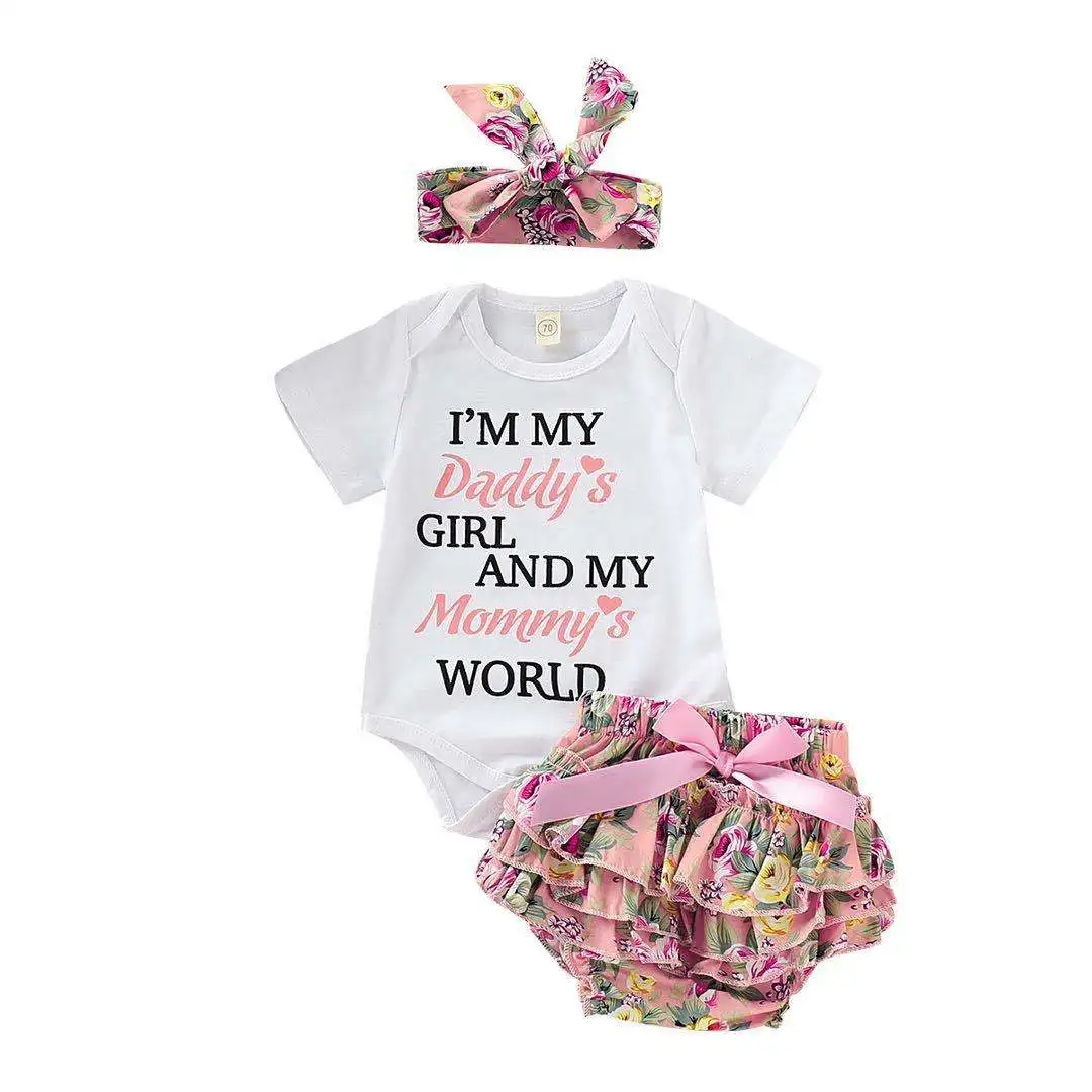 

In-Stock Cute 3pcs newborn baby clothes set cheap newborn baby summer clothing set wtih headband baby romper set newborn pants, Many color for choose