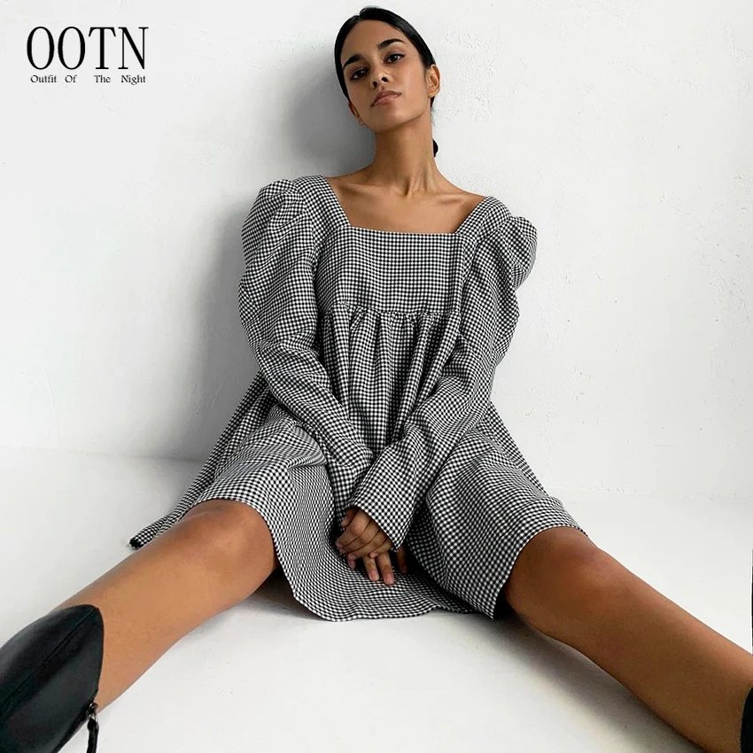 

OOTN Puff Sleeve Square Neck Elegant Ladies Vintage A Line Women Dresses Black White Plaid Female Autumn Casual Mini Dress