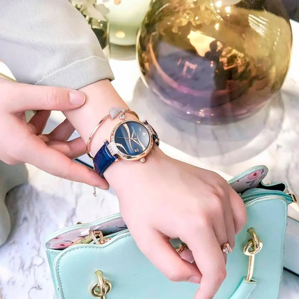 

New Reef Tiger Luxury Watch Genuine Blue Leather Strap Fashion Rose Case Watches Women Gold Waterproof Automatic RGA1589
