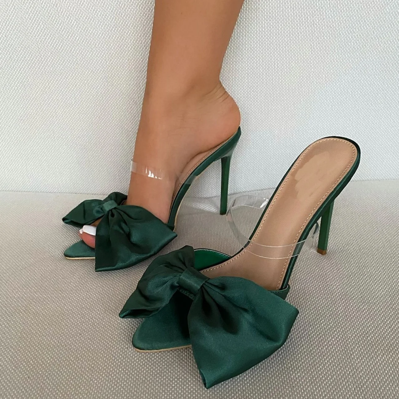 

New Style Large Bow-tie Band Solid Thin High Heel Cheap Women Sandals Pointed Peep Toe Slip-on Summer Slides Shoes For Ladies, Black,green