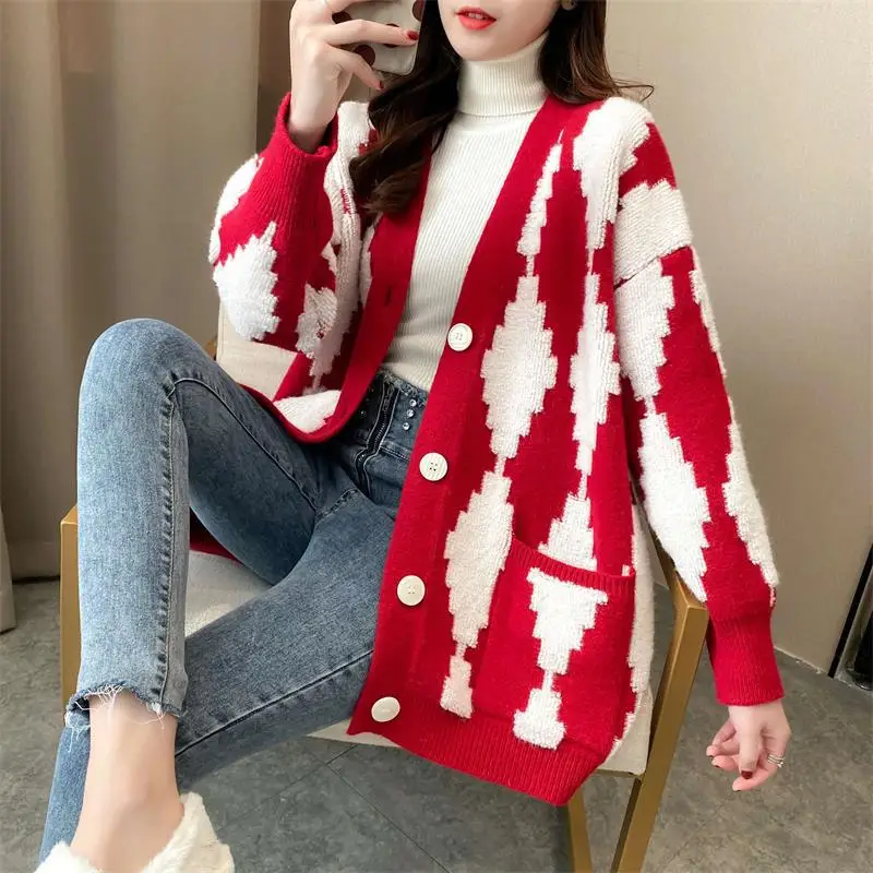 

2021 Winter new fashion Christmas tree printing V-neck loose knitted cardigan Christmas sweater for women, Multicolor