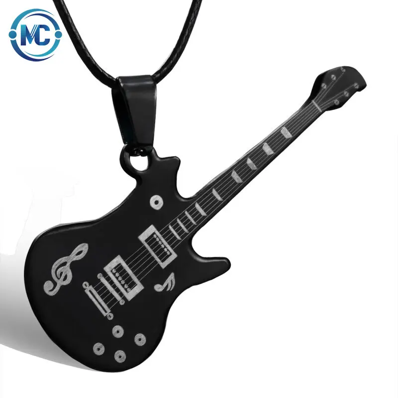 

Fashion Cool Punk Black Stainless Steel Guitar Pendant Necklaces Men Women Leather Chain Hiphop Rock Collar Jewelry