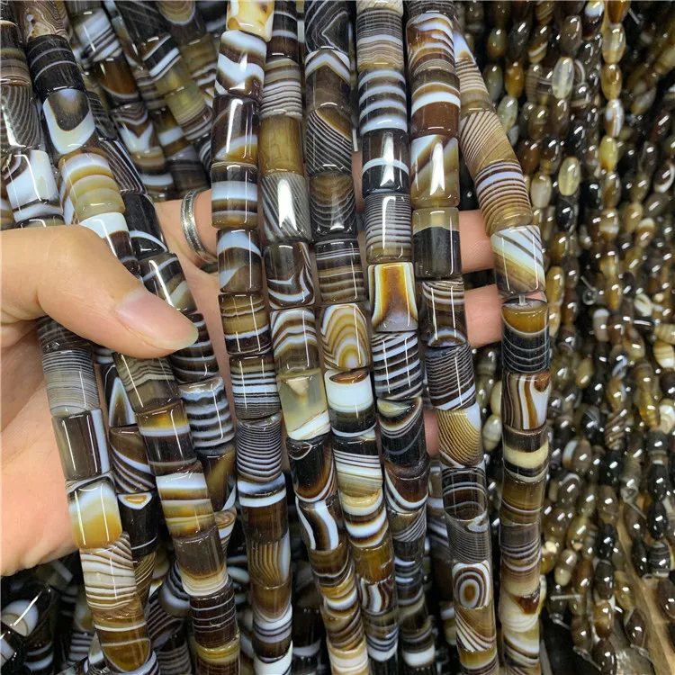 

High Quality Cylinder Shape Brown Agate Stone Natural Banded Brown Agate Tube Beads, 100% natural color